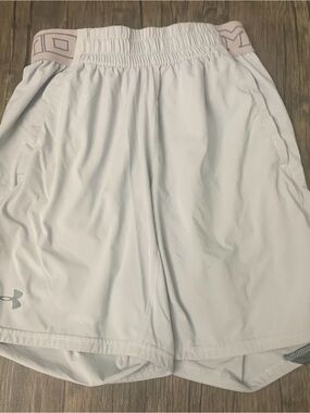 Under Armour Men’s White Athletic Shorts with Pink Waistband